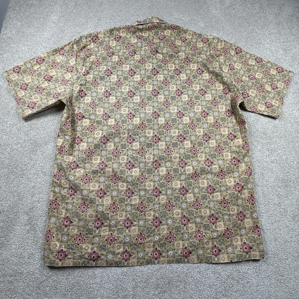 BURMA BIBAS Men's XL Button Up Short Sleeve Geometric Mosaic 60 Singles Cotton‎